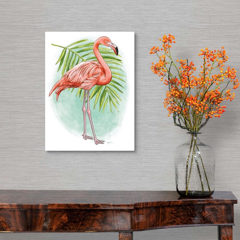 A traditional room featuring Vertical illustration of a flamingo with a palm branch and a green background.
