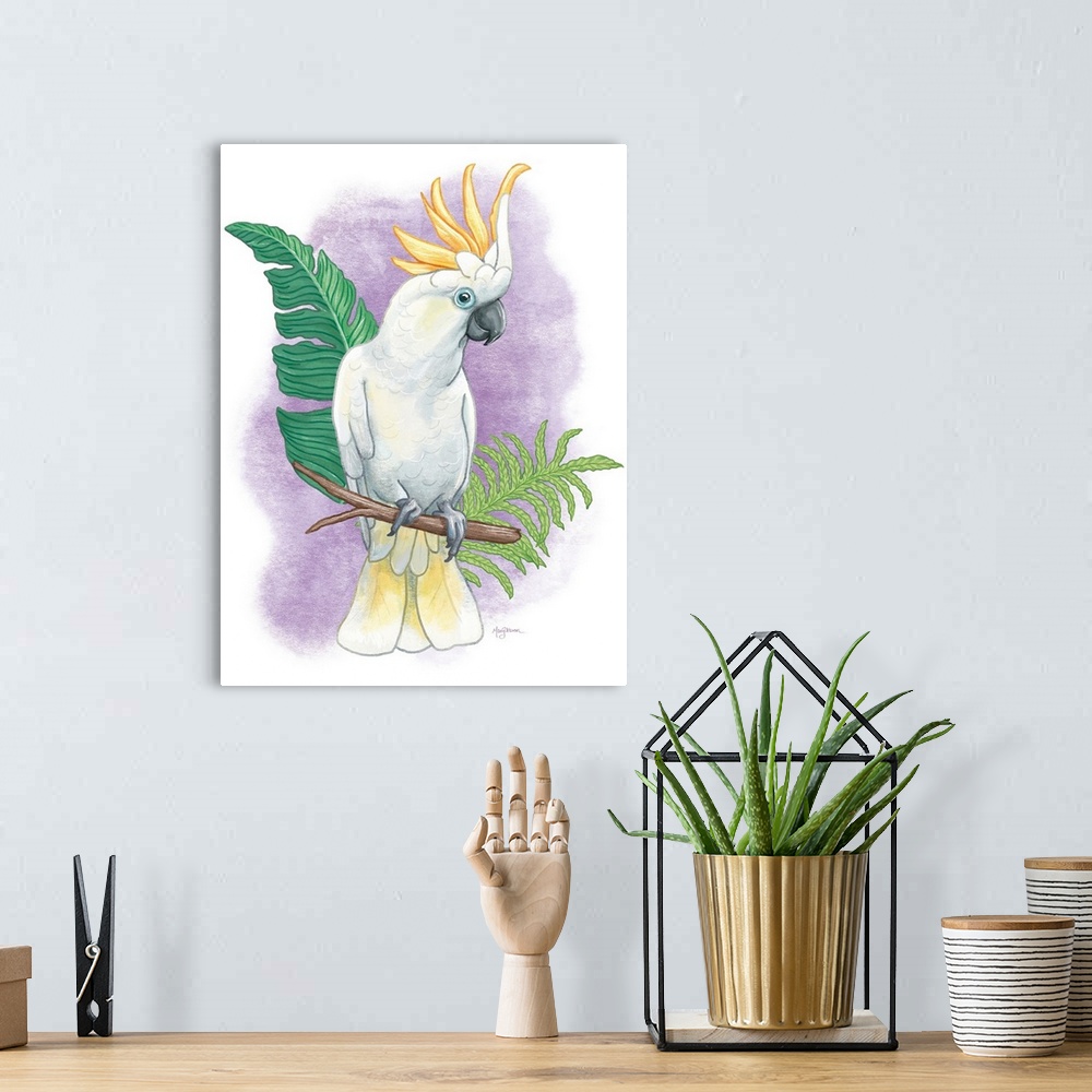 A bohemian room featuring Vertical illustration of a colorful cockatoo perched on a branch with a purple background.