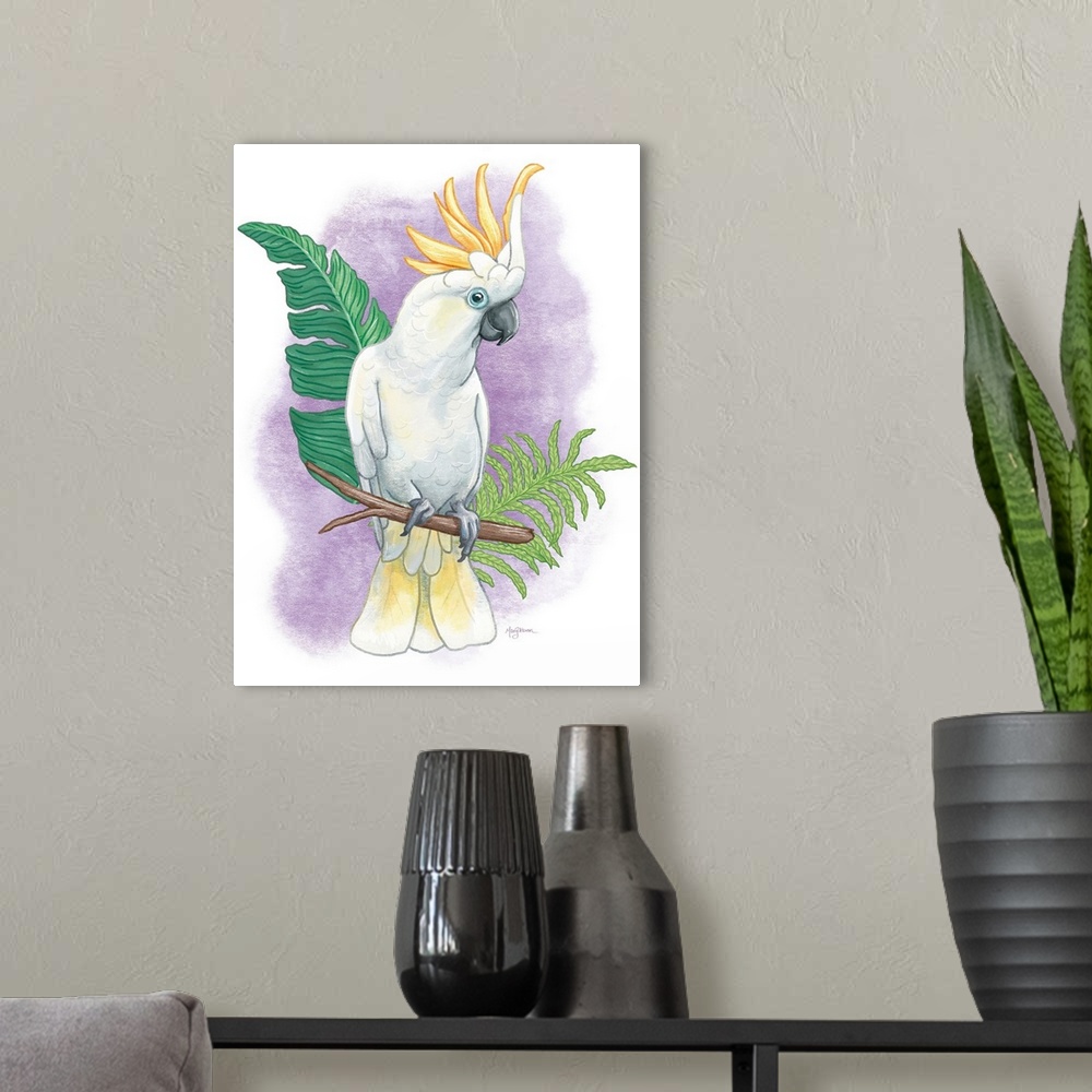 A modern room featuring Vertical illustration of a colorful cockatoo perched on a branch with a purple background.