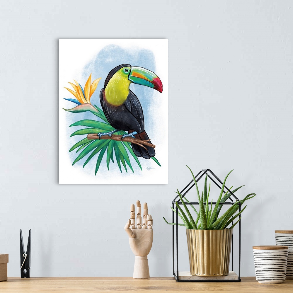 A bohemian room featuring Vertical illustration of a colorful toucan  perched on a branch with a blue background.