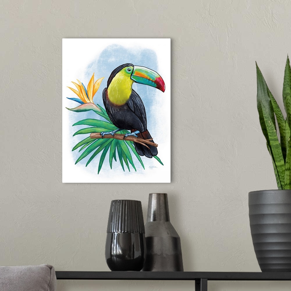 A modern room featuring Vertical illustration of a colorful toucan  perched on a branch with a blue background.