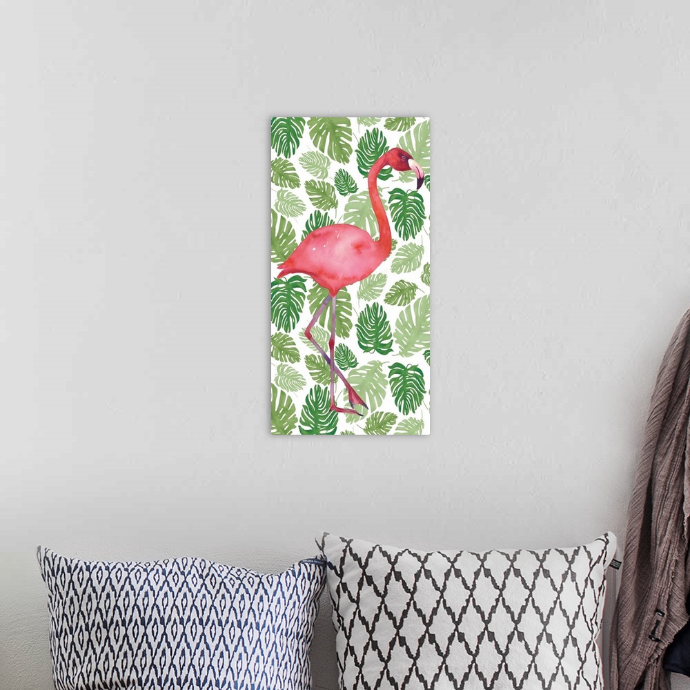 A bohemian room featuring Contemporary painting of a flamingo against a patterned background of tropical leaves.