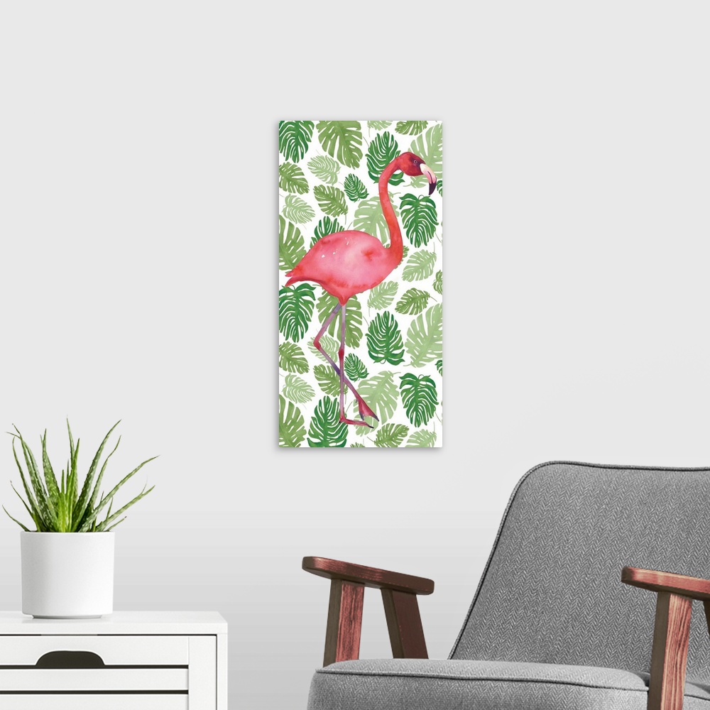 A modern room featuring Contemporary painting of a flamingo against a patterned background of tropical leaves.