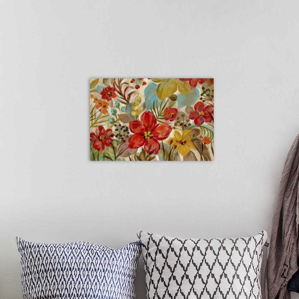 A bohemian room featuring Contemporary painting of tropical flowers on a beige background.