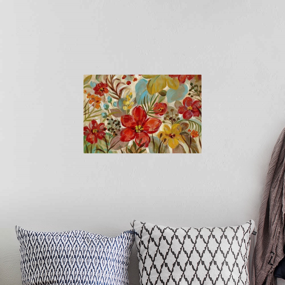 A bohemian room featuring Contemporary painting of tropical flowers on a beige background.