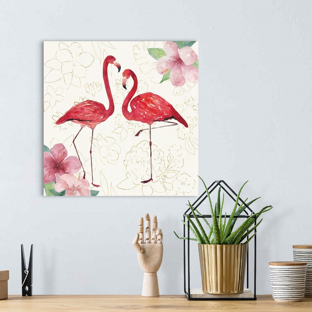 A bohemian room featuring Square watercolor painting of two flamingos with hibiscuses in the corners on a white textured ba...