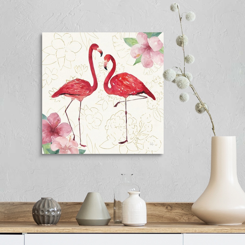 A farmhouse room featuring Square watercolor painting of two flamingos with hibiscuses in the corners on a white textured ba...