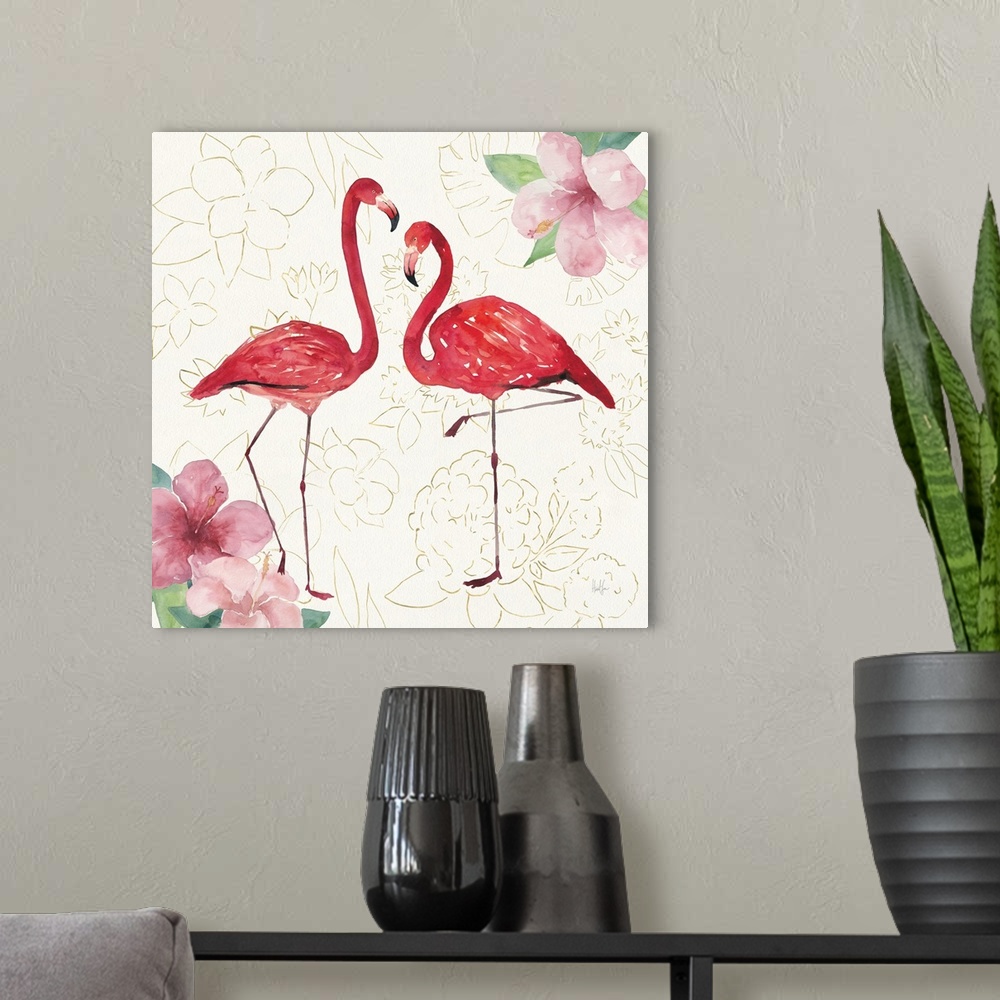 A modern room featuring Square watercolor painting of two flamingos with hibiscuses in the corners on a white textured ba...