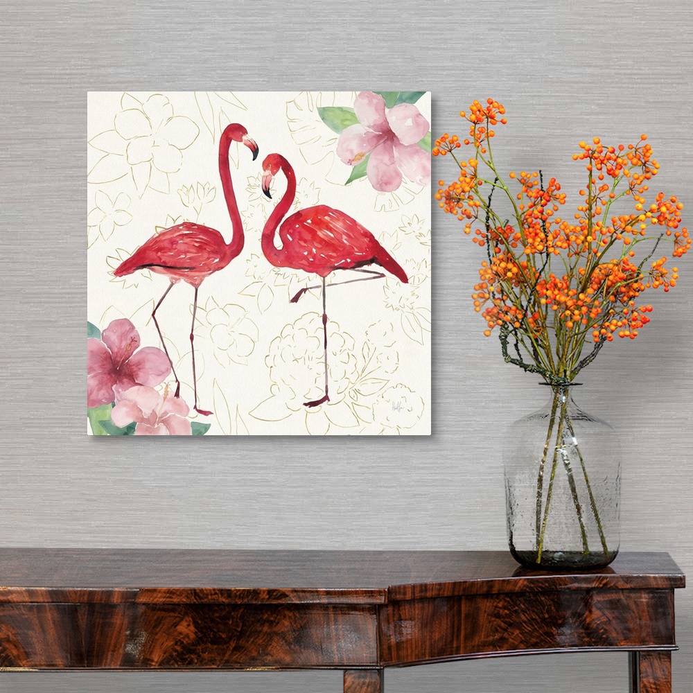 A traditional room featuring Square watercolor painting of two flamingos with hibiscuses in the corners on a white textured ba...