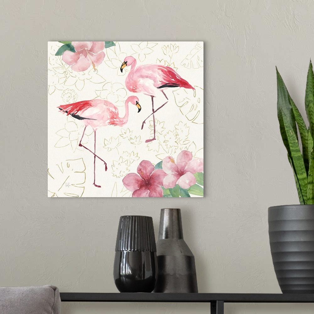 A modern room featuring Square watercolor painting of two flamingos with hibiscuses in the corners on a white textured ba...