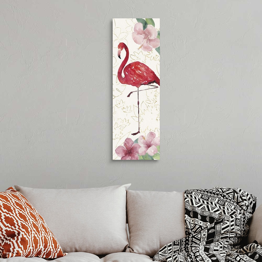 A bohemian room featuring Tall rectangular watercolor painting of a pink flamingo with hibiscuses on a textured white backg...