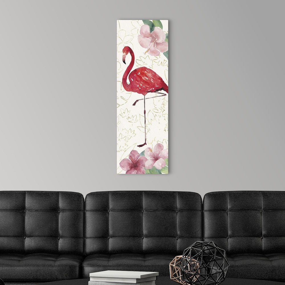 A modern room featuring Tall rectangular watercolor painting of a pink flamingo with hibiscuses on a textured white backg...