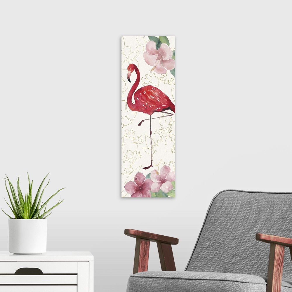 A modern room featuring Tall rectangular watercolor painting of a pink flamingo with hibiscuses on a textured white backg...