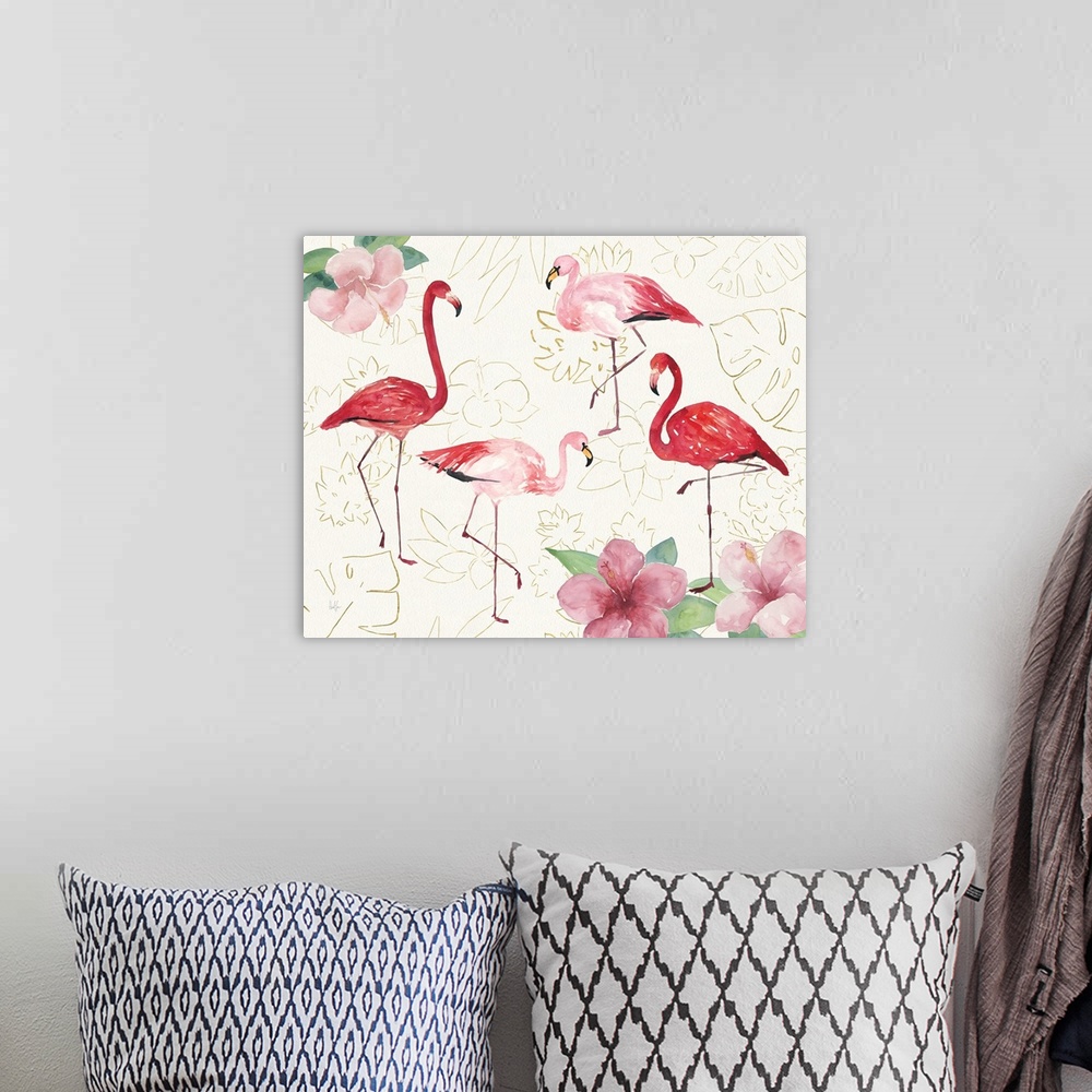 A bohemian room featuring Square watercolor painting of four flamingos with hibiscuses in the corners on a white textured b...