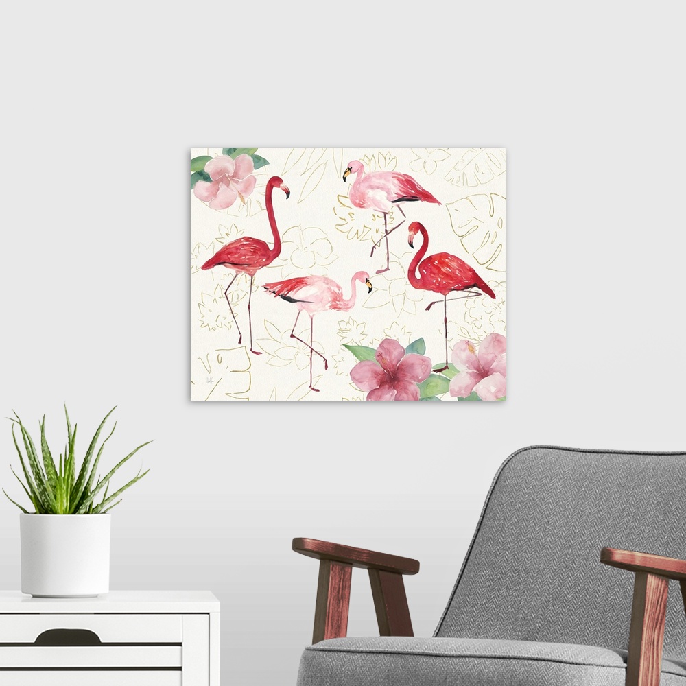 A modern room featuring Square watercolor painting of four flamingos with hibiscuses in the corners on a white textured b...