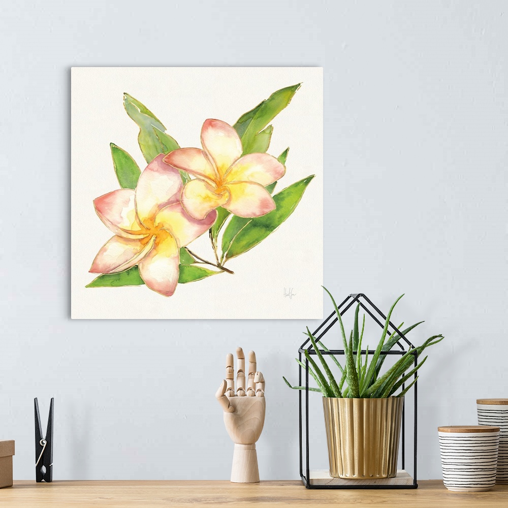 A bohemian room featuring Watercolor painting of two pink plumerias with metallic gold trim.