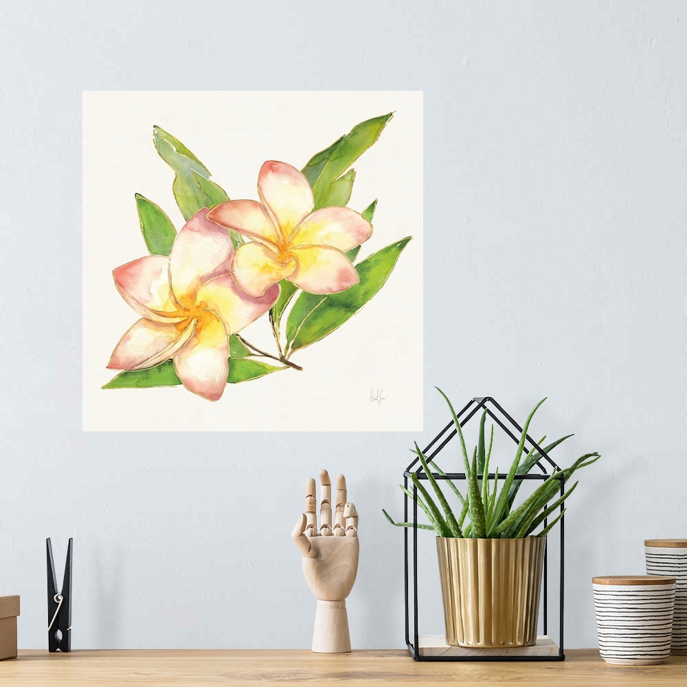 A bohemian room featuring Watercolor painting of two pink plumerias with metallic gold trim.