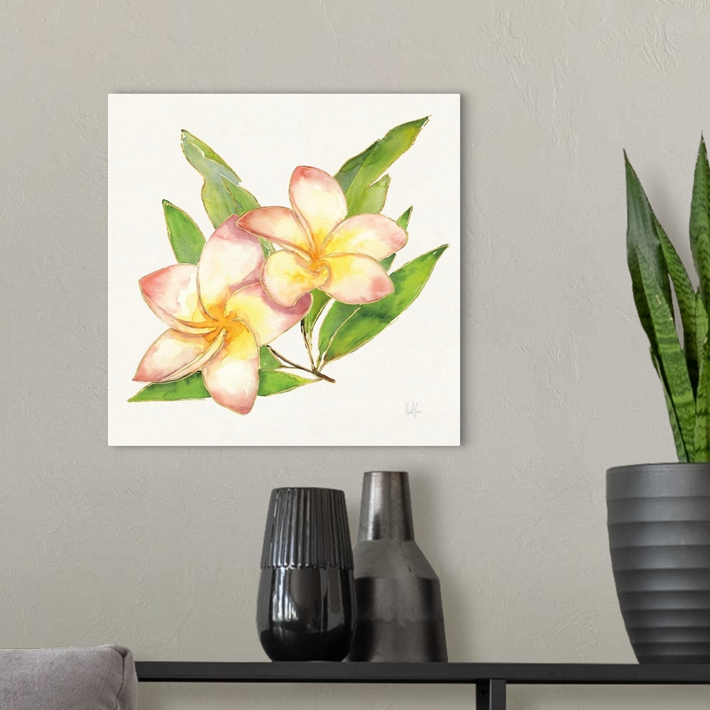 A modern room featuring Watercolor painting of two pink plumerias with metallic gold trim.