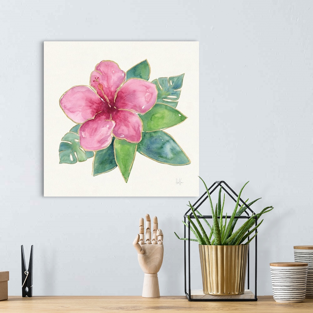 A bohemian room featuring Watercolor painting of a pink hibiscus flower with metallic gold trim.