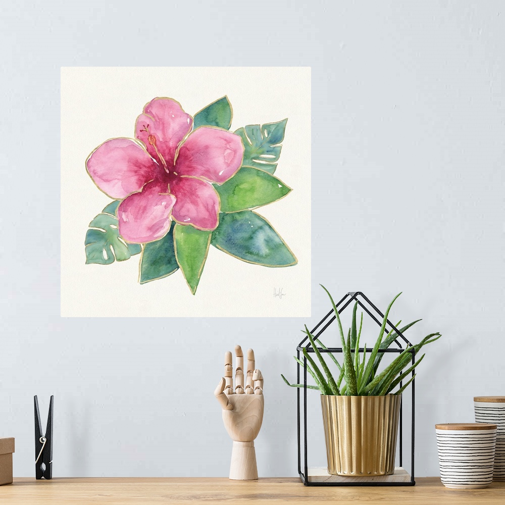A bohemian room featuring Watercolor painting of a pink hibiscus flower with metallic gold trim.