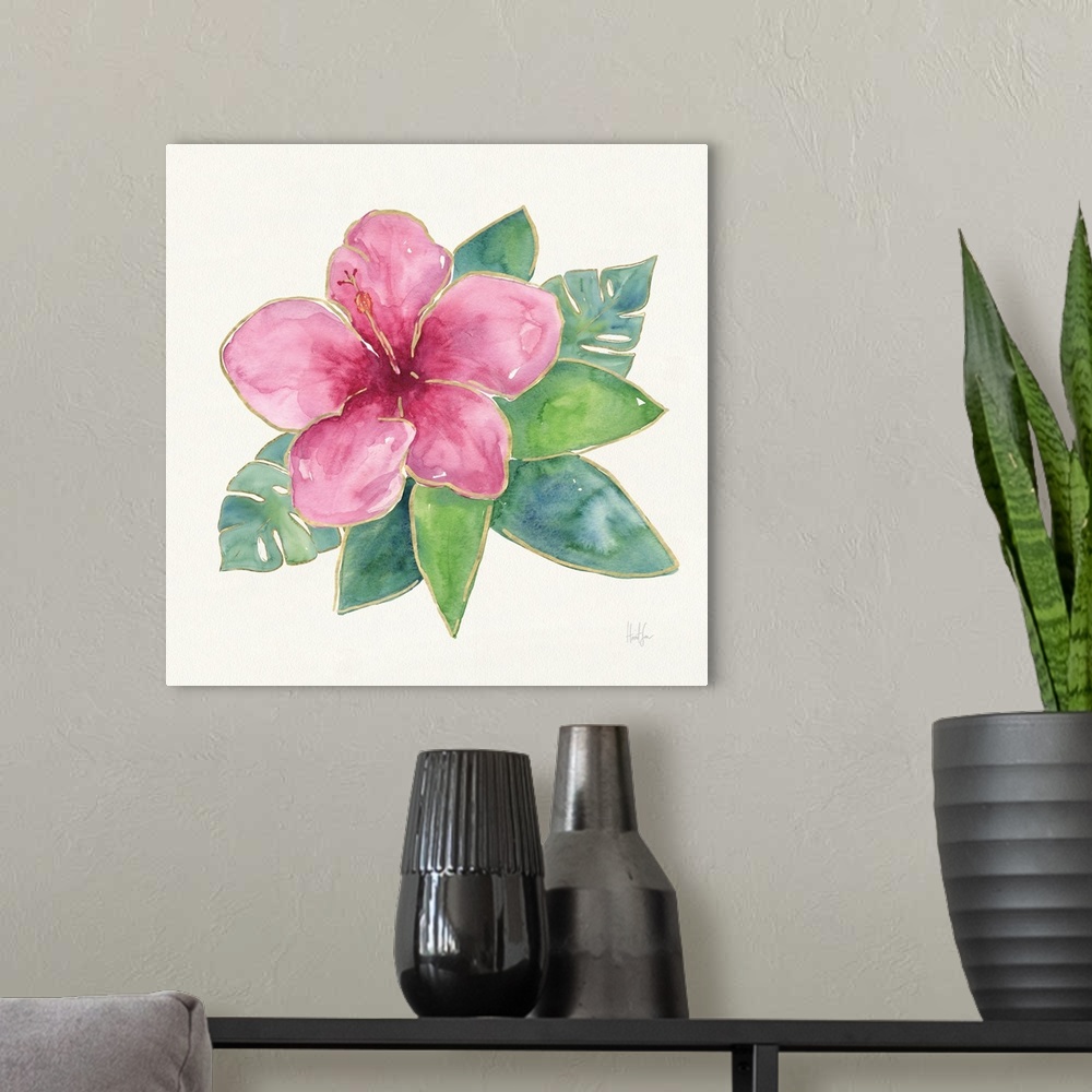A modern room featuring Watercolor painting of a pink hibiscus flower with metallic gold trim.