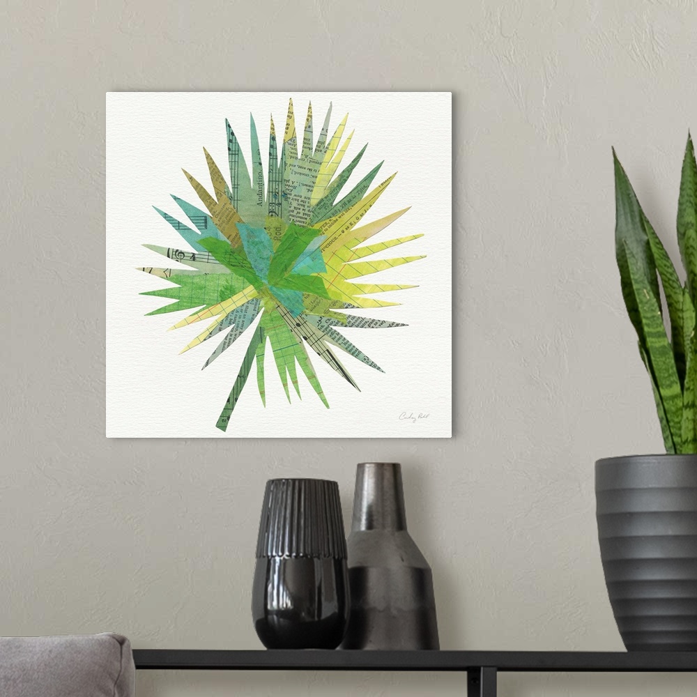 A modern room featuring Square decor with a green, blue, and yellow toned palm leaf made out with mixed media.