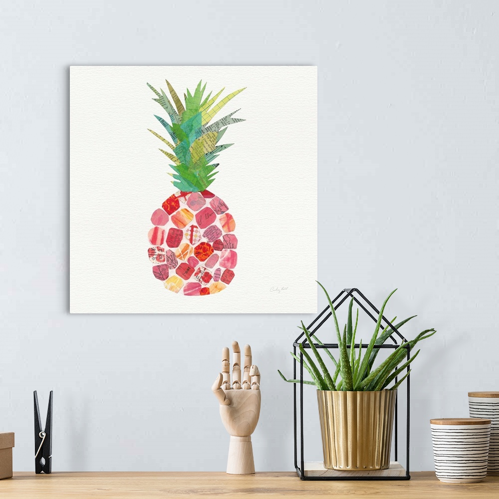 A bohemian room featuring Square decor with a warm toned pineapple created with mixed media on a white background.