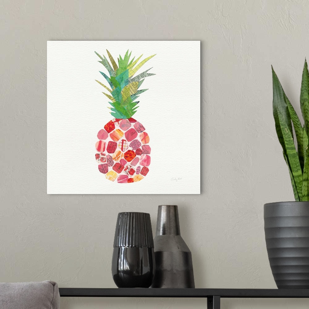 A modern room featuring Square decor with a warm toned pineapple created with mixed media on a white background.
