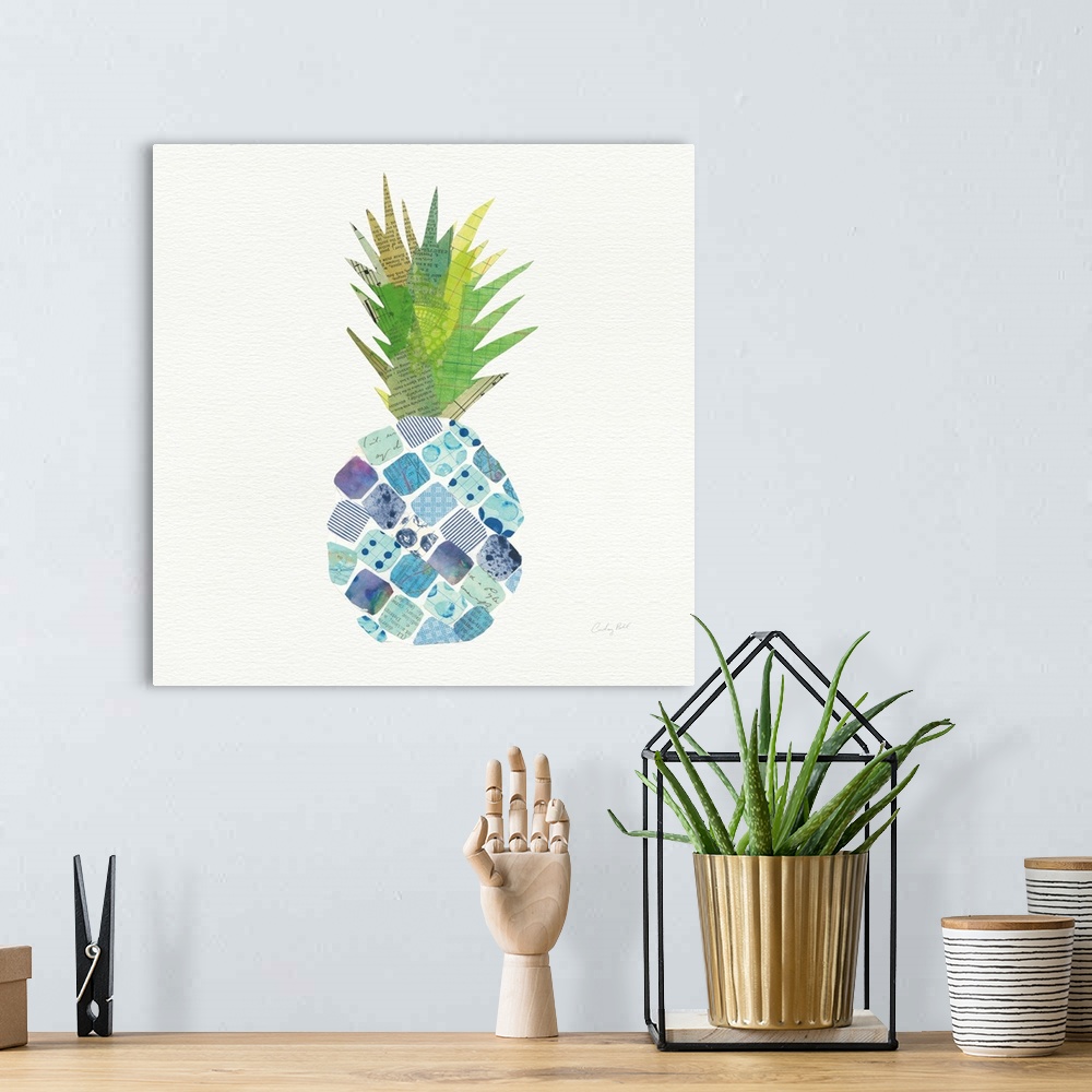 A bohemian room featuring Square decor with a cool toned pineapple created with mixed media on a white background.