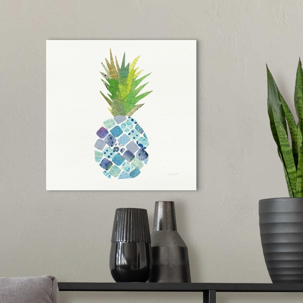 A modern room featuring Square decor with a cool toned pineapple created with mixed media on a white background.