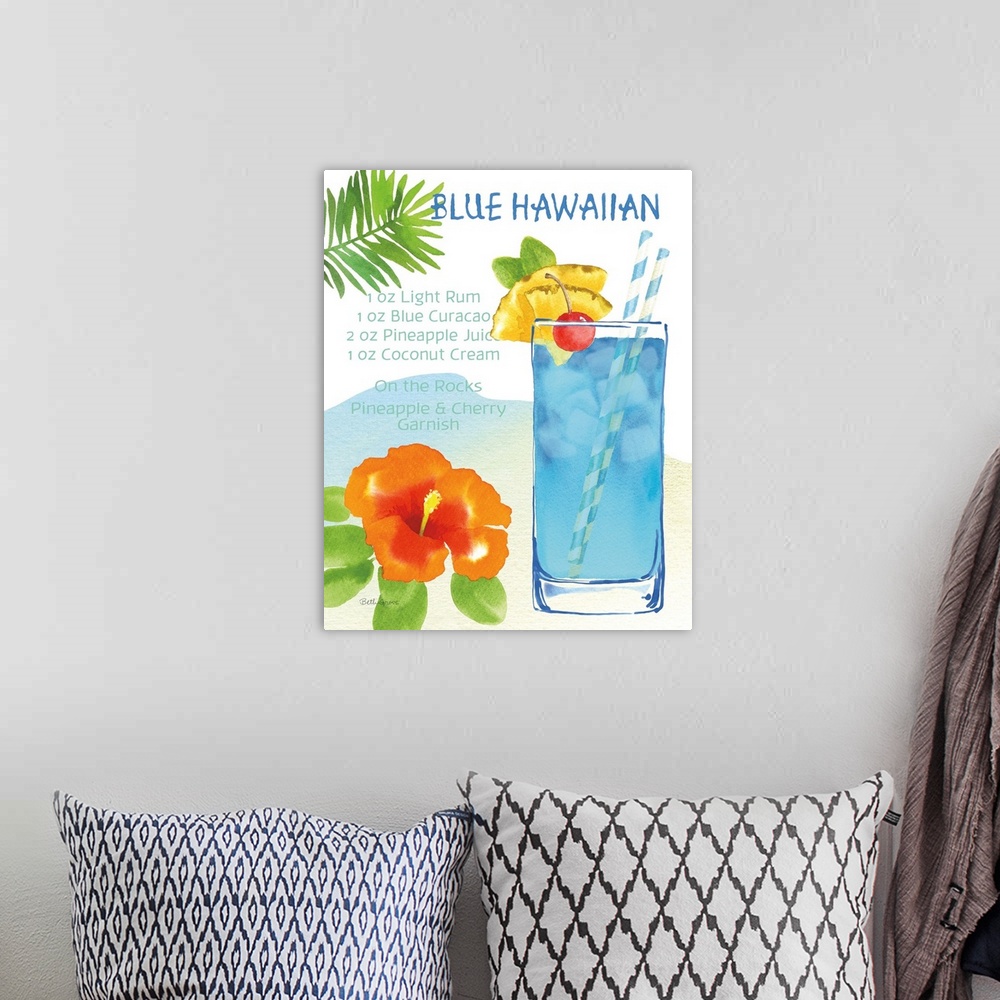 A bohemian room featuring Decorative artwork of a Blue Hawaiian cocktail with tropical decorations and the ingredients writ...