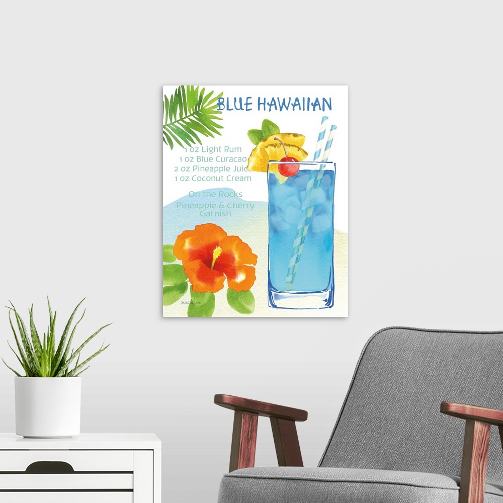 A modern room featuring Decorative artwork of a Blue Hawaiian cocktail with tropical decorations and the ingredients writ...