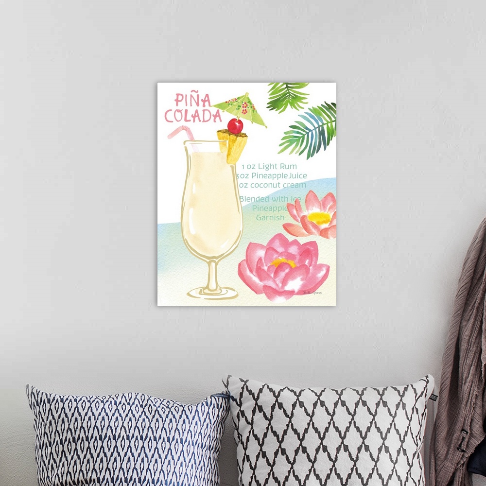A bohemian room featuring Decorative artwork of a Pina Colada cocktail with tropical decorations and the ingredients writte...