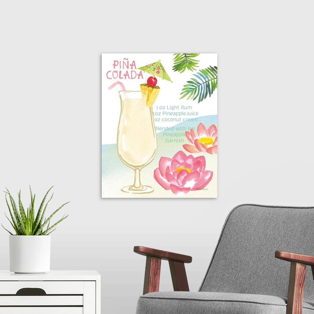 A modern room featuring Decorative artwork of a Pina Colada cocktail with tropical decorations and the ingredients writte...