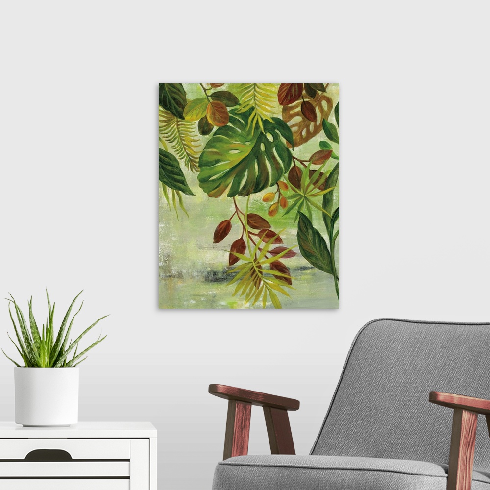 A modern room featuring Contemporary painting of several different types of tropical leaves hanging from the top of the c...