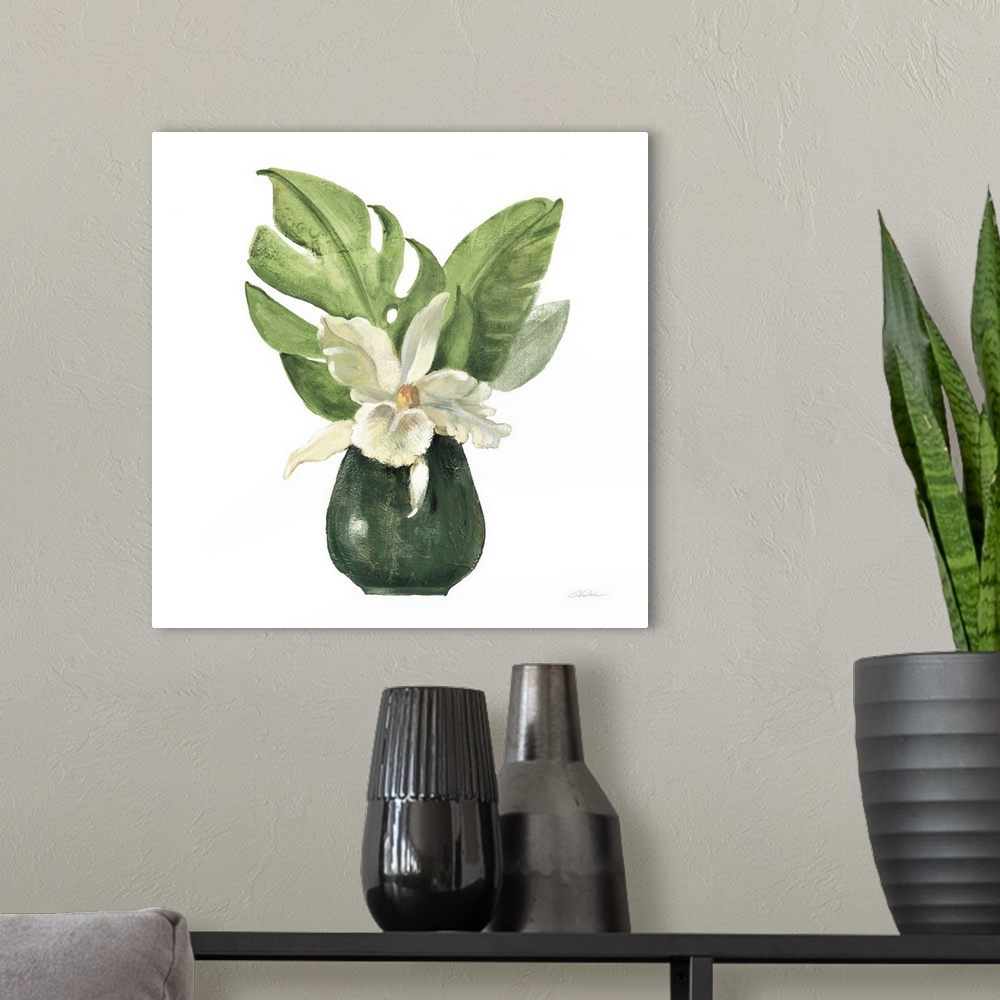 A modern room featuring Tropical Leaves I On White