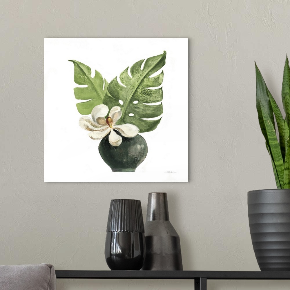 A modern room featuring Tropical Leaves II On White