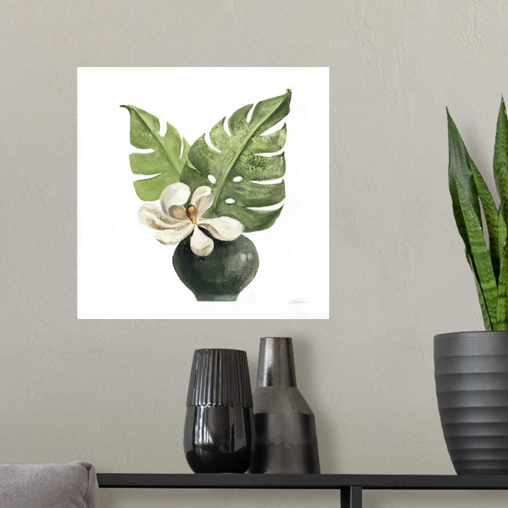 A modern room featuring Tropical Leaves II On White