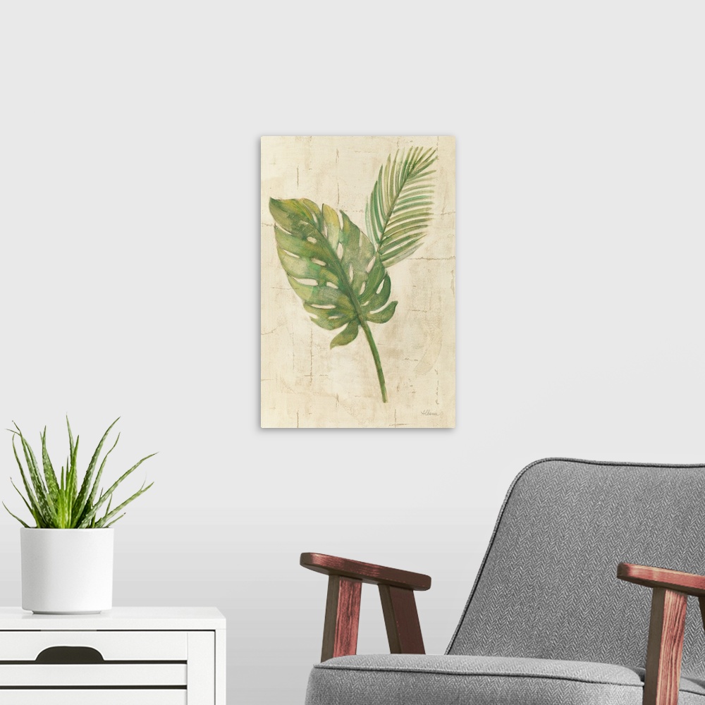 A modern room featuring Decorative artwork featuring tropical leaves over an aged background.