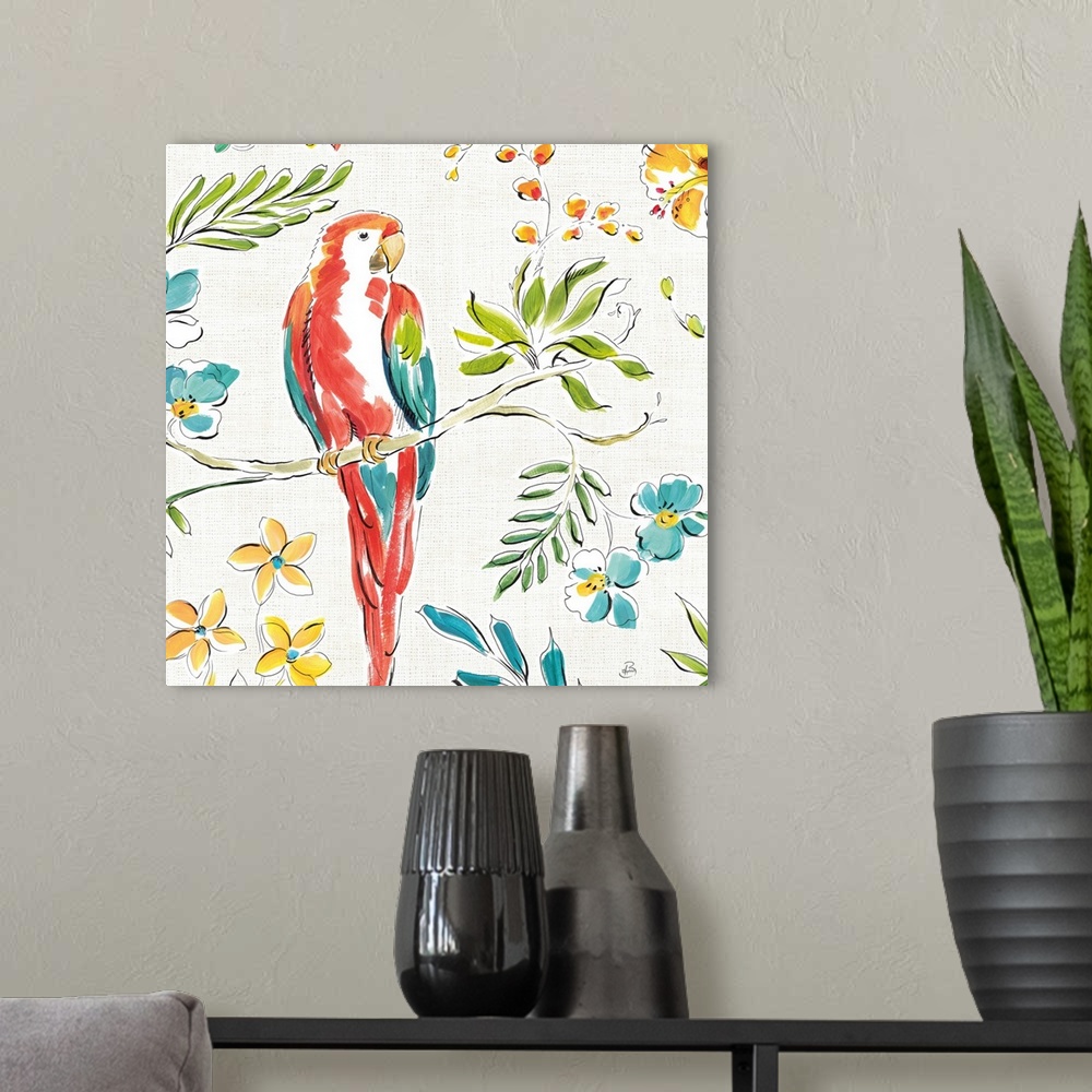 A modern room featuring Square image of a parrot on a branch surrounded by topical plants.