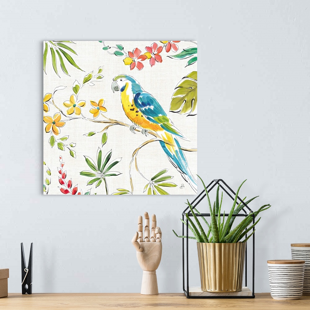 A bohemian room featuring Square image of a parrot on a branch surrounded by topical plants.