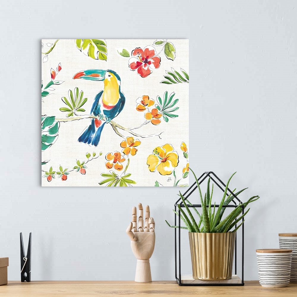 A bohemian room featuring Square image of a toucan on a branch surrounded by topical plants.