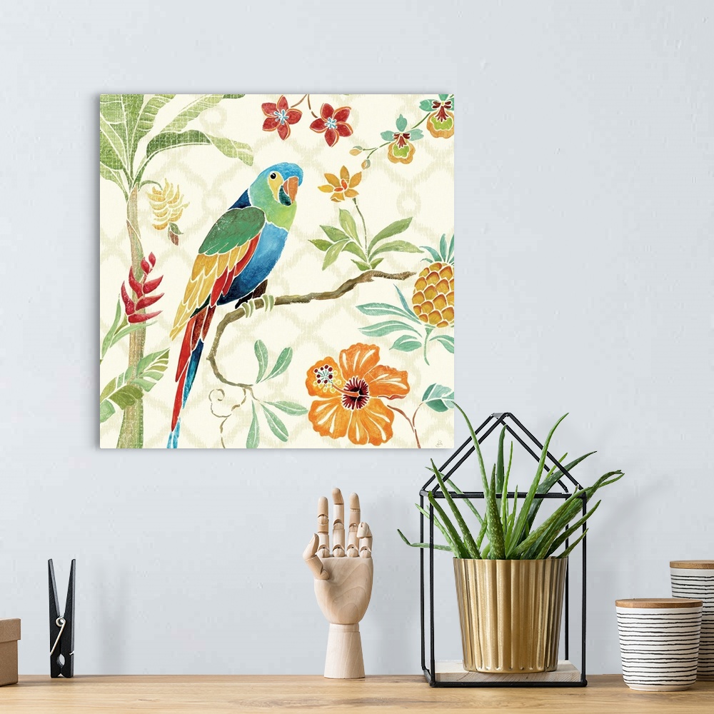 A bohemian room featuring Contemporary painting of a brightly colored parrot perched on branch, surrounded by flowers.