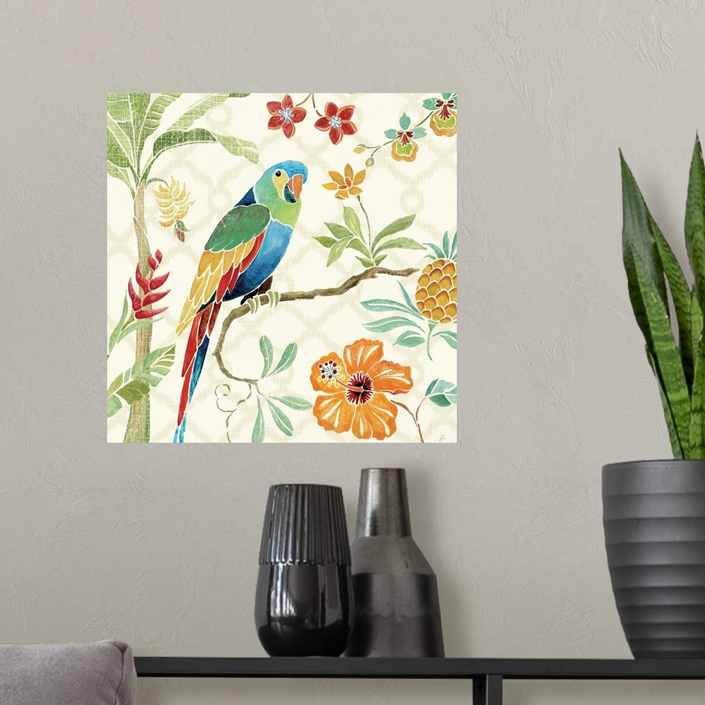 A modern room featuring Contemporary painting of a brightly colored parrot perched on branch, surrounded by flowers.