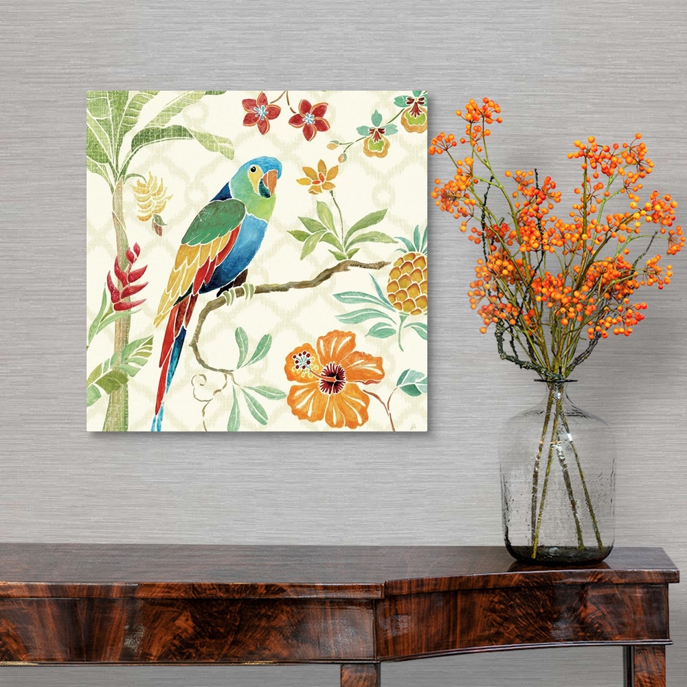 A traditional room featuring Contemporary painting of a brightly colored parrot perched on branch, surrounded by flowers.