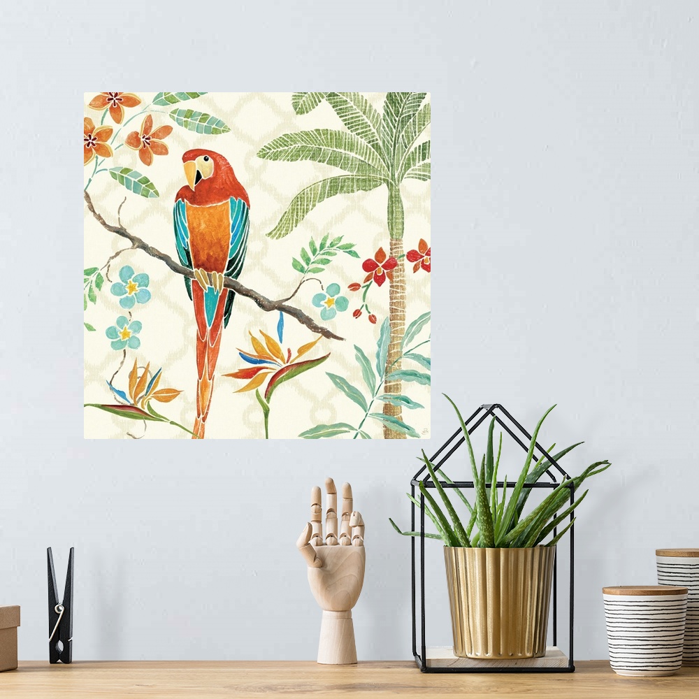 A bohemian room featuring Contemporary painting of a brightly colored parrot perched on branch, surrounded by flowers.