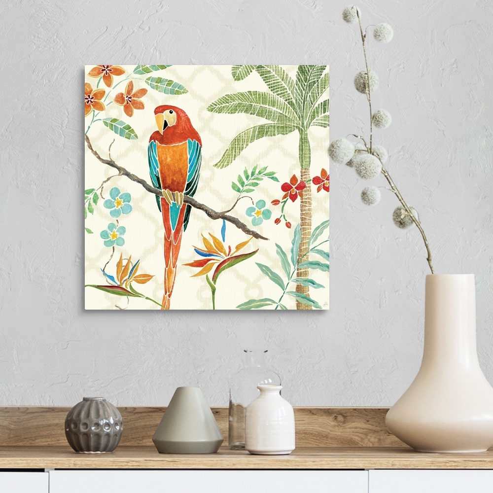 A farmhouse room featuring Contemporary painting of a brightly colored parrot perched on branch, surrounded by flowers.
