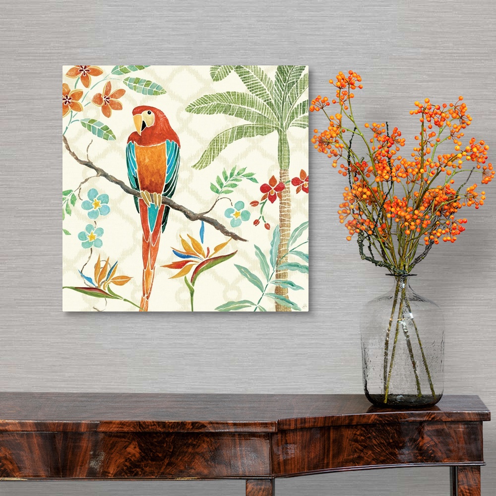 A traditional room featuring Contemporary painting of a brightly colored parrot perched on branch, surrounded by flowers.