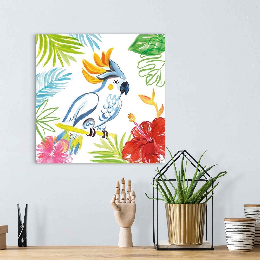 A bohemian room featuring Vibrant painting of a cockatoo surrounded by tropical plants and flowers on a white square backgr...