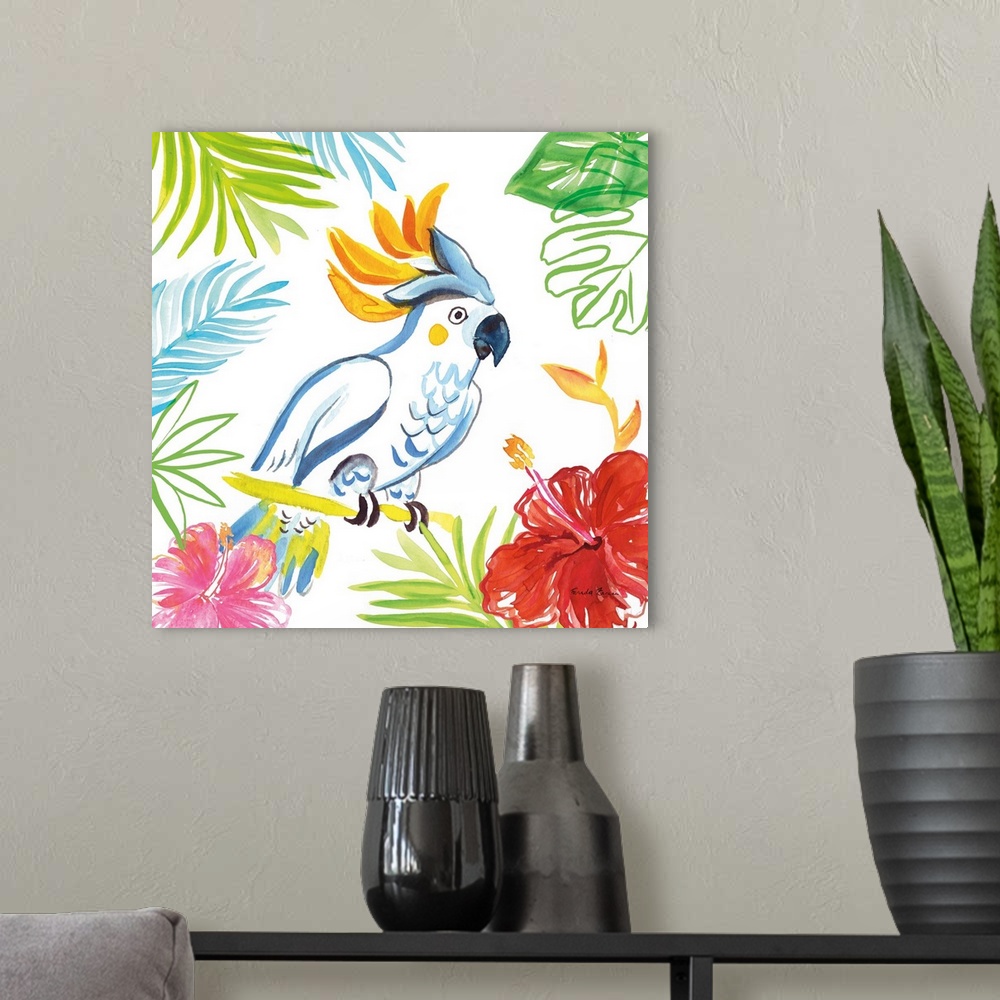 A modern room featuring Vibrant painting of a cockatoo surrounded by tropical plants and flowers on a white square backgr...